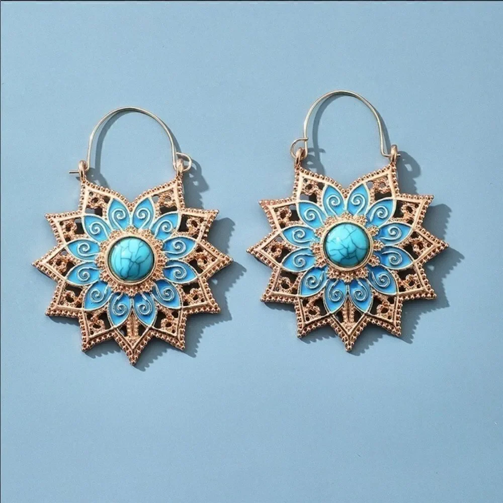 Earrings BOHO style Sunflower Turquoise